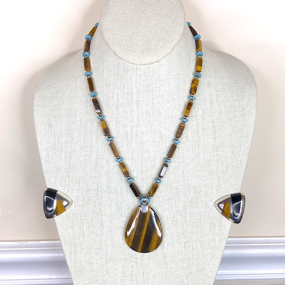 MEXICAN Turquoise Tigers Eye Black Onyx Sterling Silver 950 / 925 Jewelry Set - Picture 5 of 17